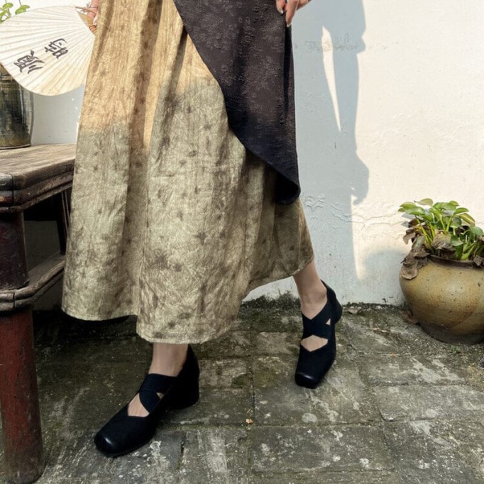 Handmade Leather Cross-Strap Square Toe Pumps in Brown/Black/Apricot