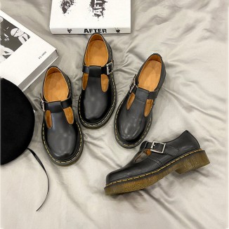 Handmade Retro Waxing leather Flat Mary Jane Shoes For Women Round Toe Black/Brown/Black1/White