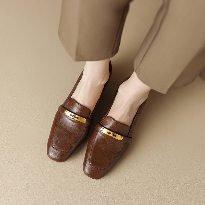 Women's Handmade Square-Toe Block-Heel Loafers in Black/Brown