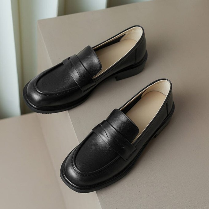 Handmade Cow leather Penny Loafers For Women Retro Block Heel in Green/Black/Beige/Brown