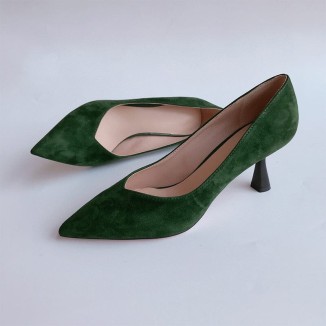Handmade Sheepskin Kitty Heel Pumps In Green/Black Fashion Style