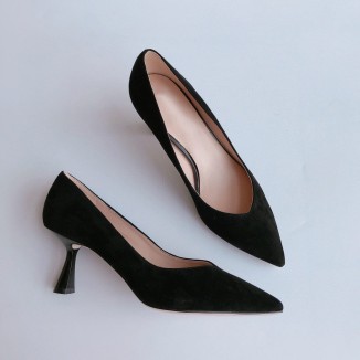 Handmade Sheepskin Kitty Heel Pumps In Green/Black Fashion Style