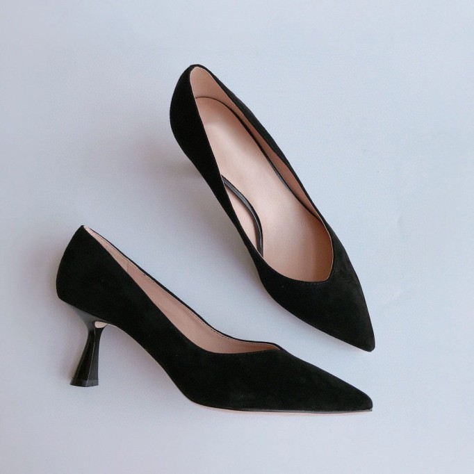 Handmade Sheepskin Kitty Heel Pumps In Green/Black Fashion Style