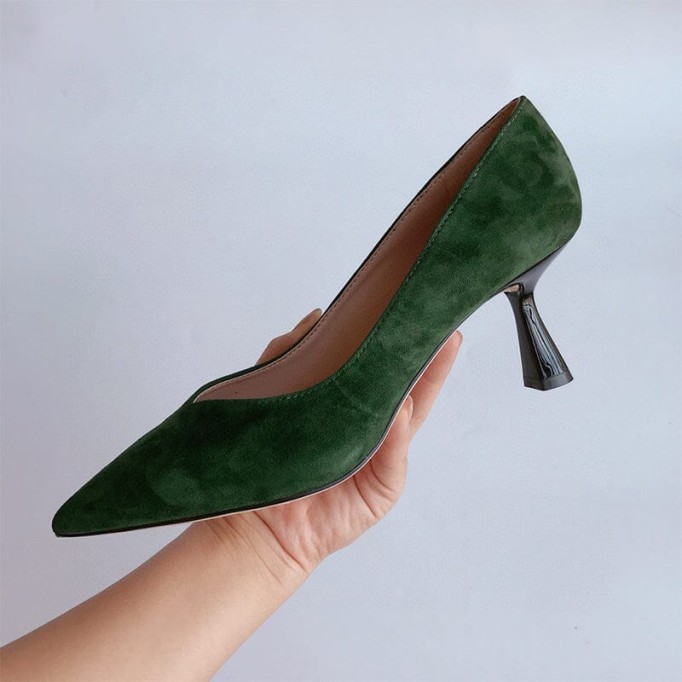 Handmade Sheepskin Kitty Heel Pumps In Green/Black Fashion Style