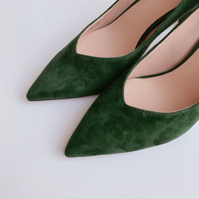 Handmade Sheepskin Kitty Heel Pumps In Green/Black Fashion Style
