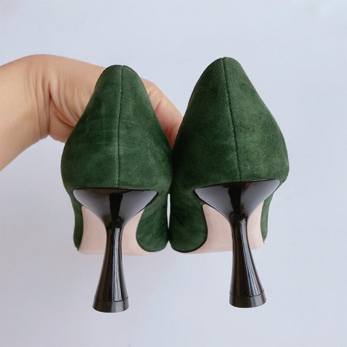 Handmade Sheepskin Kitty Heel Pumps In Green/Black Fashion Style