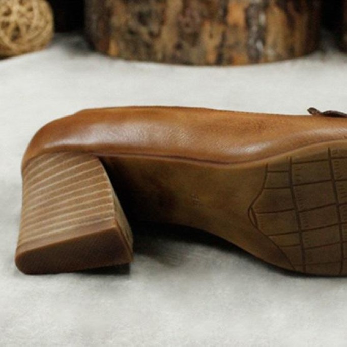 Pumps Women Leather Handmade Pointed Toe Flowers Flats Chunky Heel Soft Sole