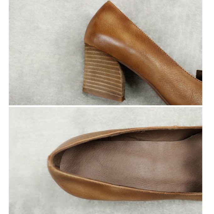 Pumps Women Leather Handmade Pointed Toe Flowers Flats Chunky Heel Soft Sole