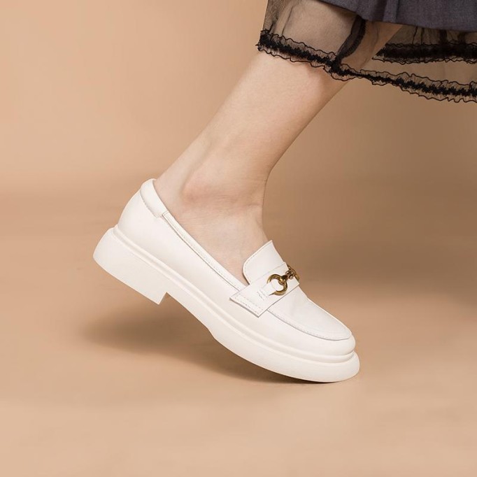 Womens Handmade Leather Loafers Metal button decoration Black/Beige