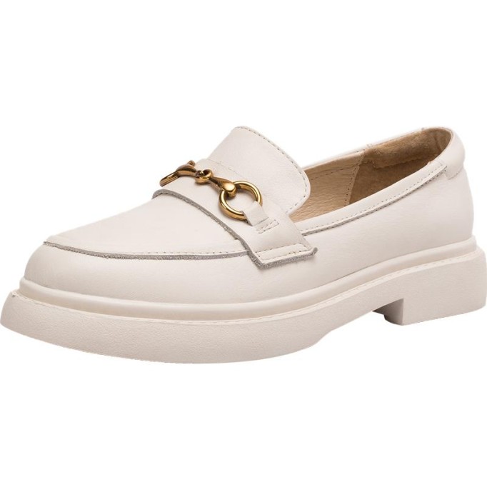 Womens Handmade Leather Loafers Metal button decoration Black/Beige