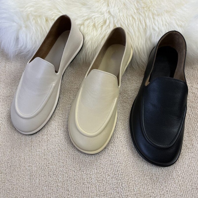 Minimalist Women Flats Slip On Leather Loafers in White/Black/Beige