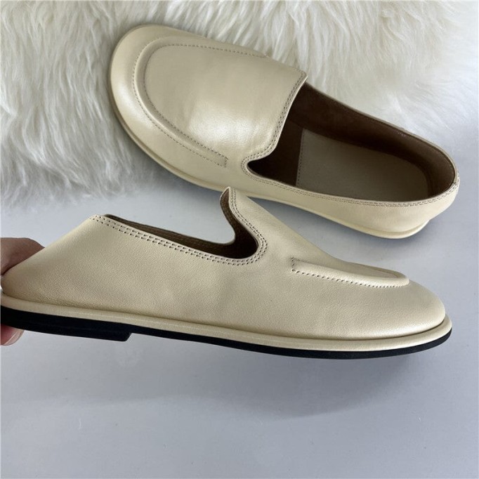 Minimalist Women Flats Slip On Leather Loafers in White/Black/Beige