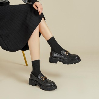 Chunky Loafers Women Plaid Genuine Leather Platform Shoes Round Toe Metal Chain Slip on Handmade