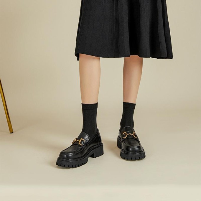 Chunky Loafers Women Plaid Genuine Leather Platform Shoes Round Toe Metal Chain Slip on Handmade