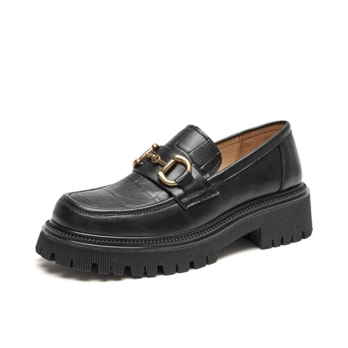 Chunky Loafers Women Plaid Genuine Leather Platform Shoes Round Toe Metal Chain Slip on Handmade