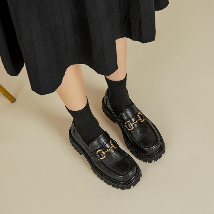 Chunky Loafers Women Plaid Genuine Leather Platform Shoes Round Toe Metal Chain Slip on Handmade