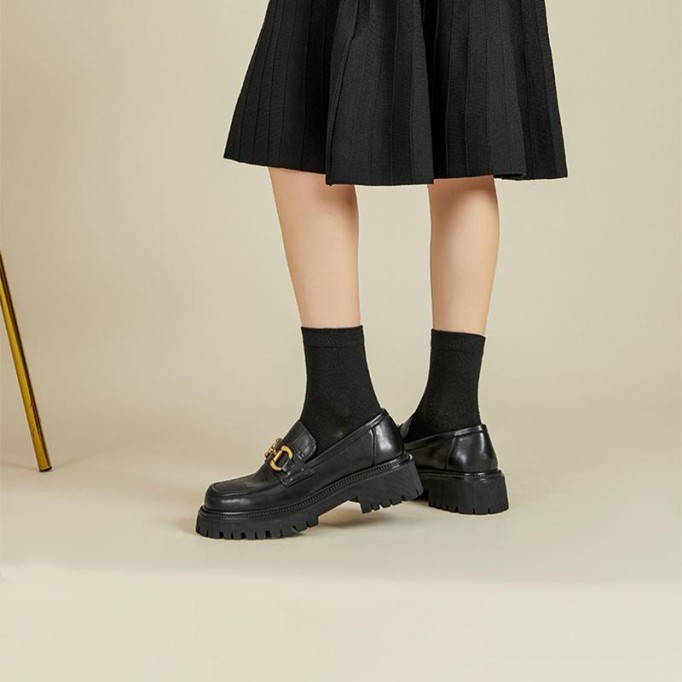 Chunky Loafers Women Plaid Genuine Leather Platform Shoes Round Toe Metal Chain Slip on Handmade