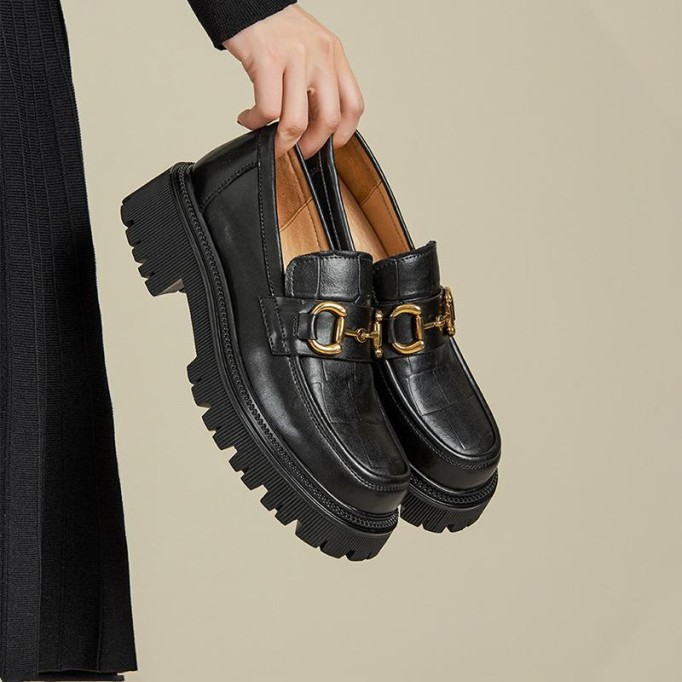 Chunky Loafers Women Plaid Genuine Leather Platform Shoes Round Toe Metal Chain Slip on Handmade