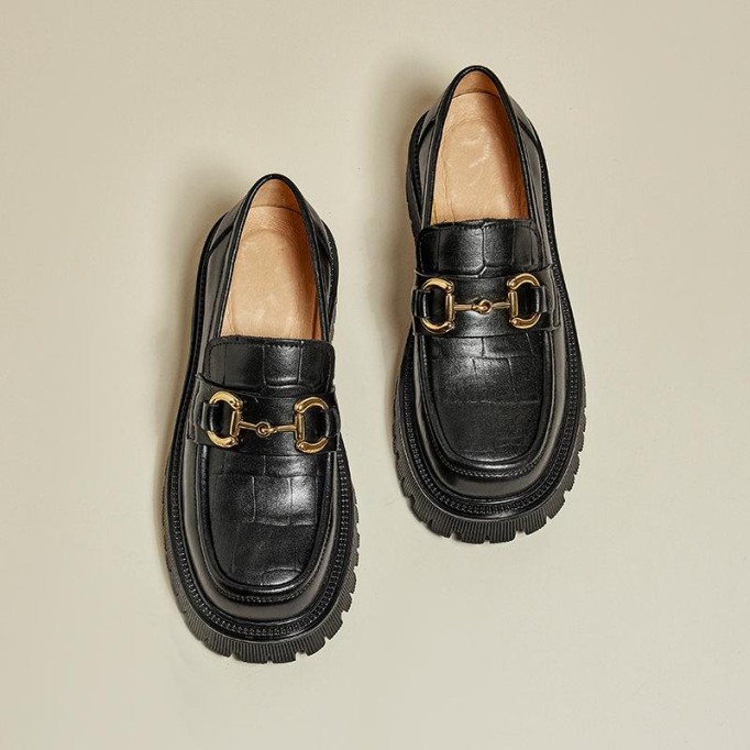 Chunky Loafers Women Plaid Genuine Leather Platform Shoes Round Toe Metal Chain Slip on Handmade