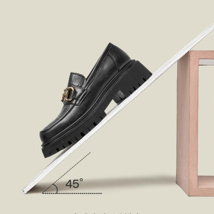 Chunky Loafers Women Plaid Genuine Leather Platform Shoes Round Toe Metal Chain Slip on Handmade