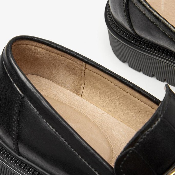 Chunky Loafers Women Plaid Genuine Leather Platform Shoes Round Toe Metal Chain Slip on Handmade