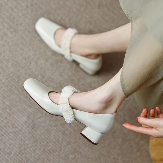 Handmade Patent Leather Mary Jane Pumps Block Heel Office Shoes Bud Silk Decorate