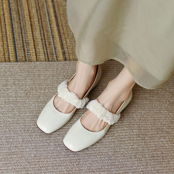 Handmade Patent Leather Mary Jane Pumps Block Heel Office Shoes Bud Silk Decorate