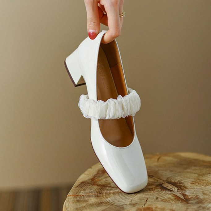 Handmade Patent Leather Mary Jane Pumps Block Heel Office Shoes Bud Silk Decorate
