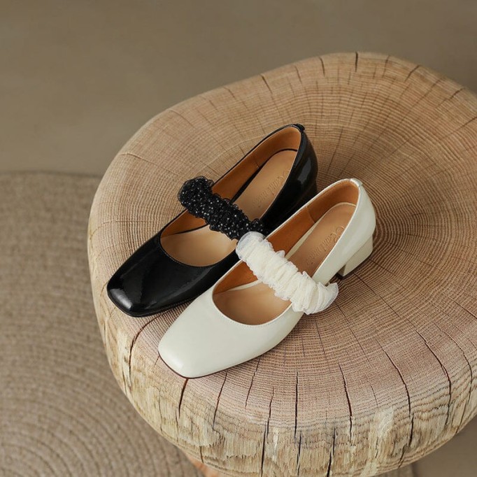 Handmade Patent Leather Mary Jane Pumps Block Heel Office Shoes Bud Silk Decorate