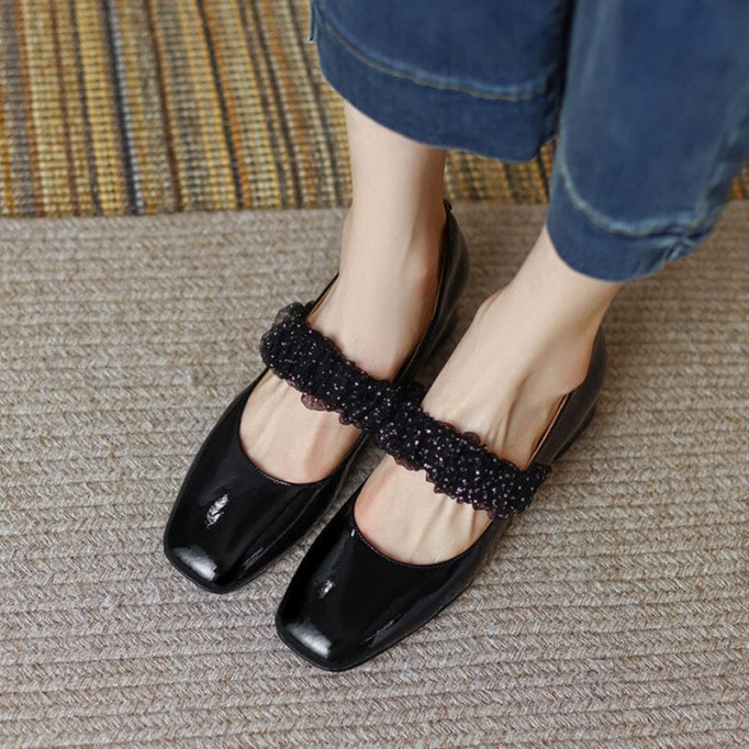 Handmade Patent Leather Mary Jane Pumps Block Heel Office Shoes Bud Silk Decorate