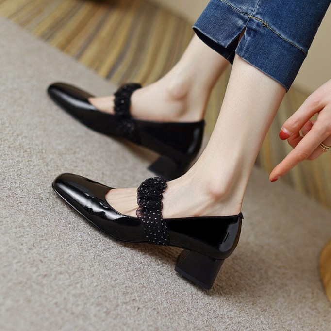 Handmade Patent Leather Mary Jane Pumps Block Heel Office Shoes Bud Silk Decorate
