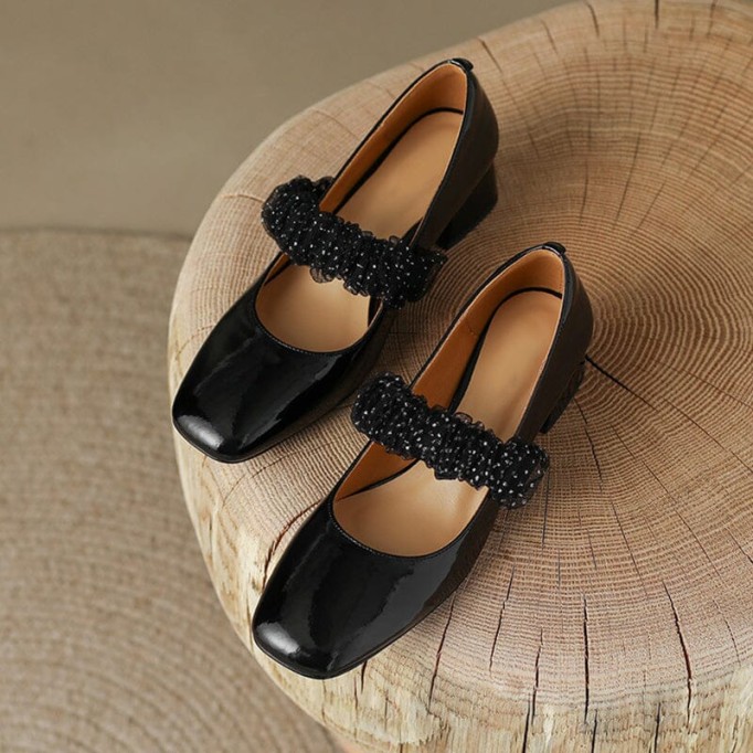 Handmade Patent Leather Mary Jane Pumps Block Heel Office Shoes Bud Silk Decorate