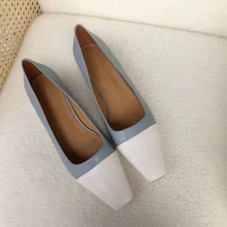 Leather Square Toe Block Heeled Slip-On Pumps Office Shoes Color Blocking in Blue/Black/Camel