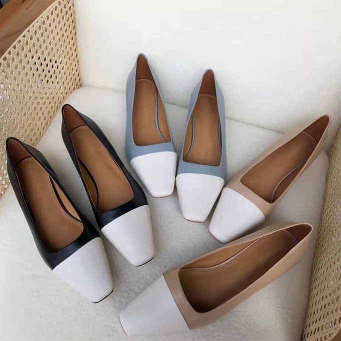 Leather Square Toe Block Heeled Slip-On Pumps Office Shoes Color Blocking in Blue/Black/Camel