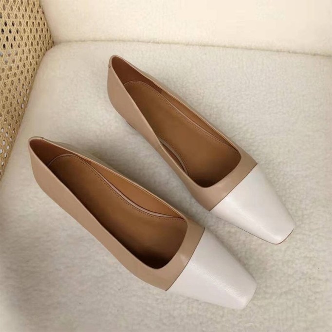 Leather Square Toe Block Heeled Slip-On Pumps Office Shoes Color Blocking in Blue/Black/Camel