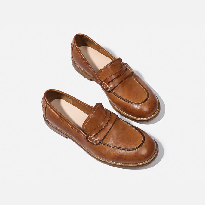 Goodyear Horse Leather Shoes For Women Classic Penny Loafers Leather Sole in Brown/Coffee