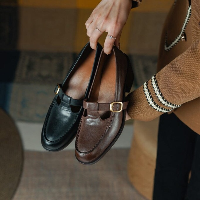 Handmade Leather Pumps T Strap Buckle Mary Jane Heels Sandals Womens Round Toe in Black/Coffee