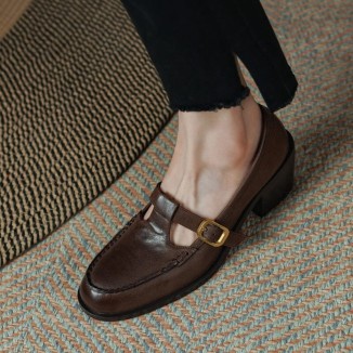 Handmade Leather Pumps T Strap Buckle Mary Jane Heels Sandals Womens Round Toe in Black/Coffee