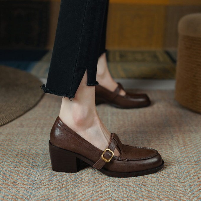 Handmade Leather Pumps T Strap Buckle Mary Jane Heels Sandals Womens Round Toe in Black/Coffee