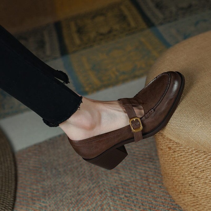 Handmade Leather Pumps T Strap Buckle Mary Jane Heels Sandals Womens Round Toe in Black/Coffee