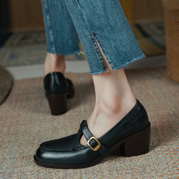 Handmade Leather Pumps T Strap Buckle Mary Jane Heels Sandals Womens Round Toe in Black/Coffee