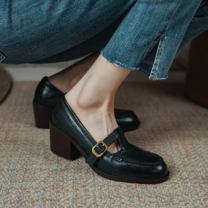 Handmade Leather Pumps T Strap Buckle Mary Jane Heels Sandals Womens Round Toe in Black/Coffee