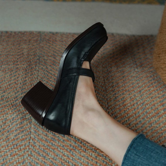 Handmade Leather Pumps T Strap Buckle Mary Jane Heels Sandals Womens Round Toe in Black/Coffee