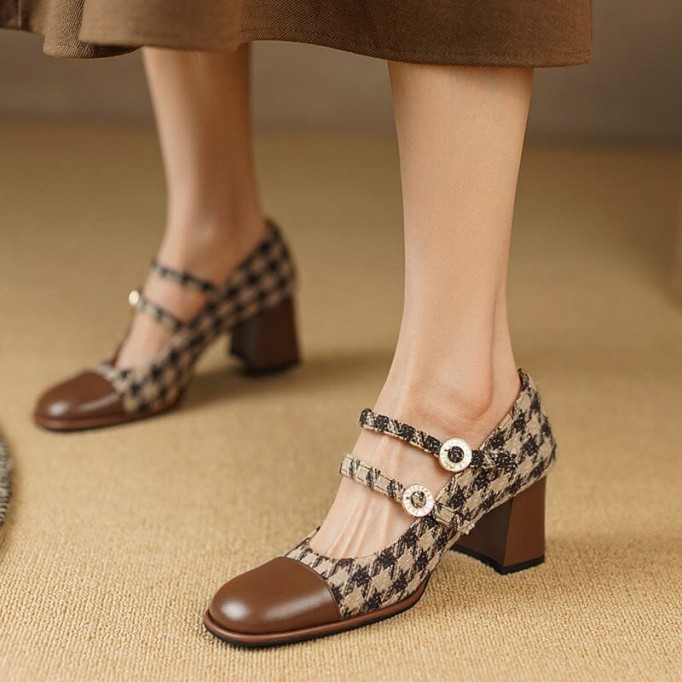 Leather Mary Jane Pumps Double Strap Block Heel Office Shoes