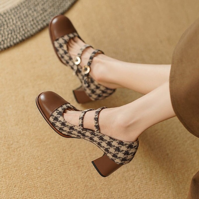 Leather Mary Jane Pumps Double Strap Block Heel Office Shoes