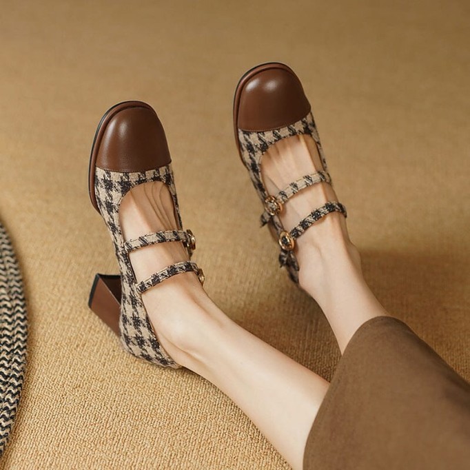 Leather Mary Jane Pumps Double Strap Block Heel Office Shoes