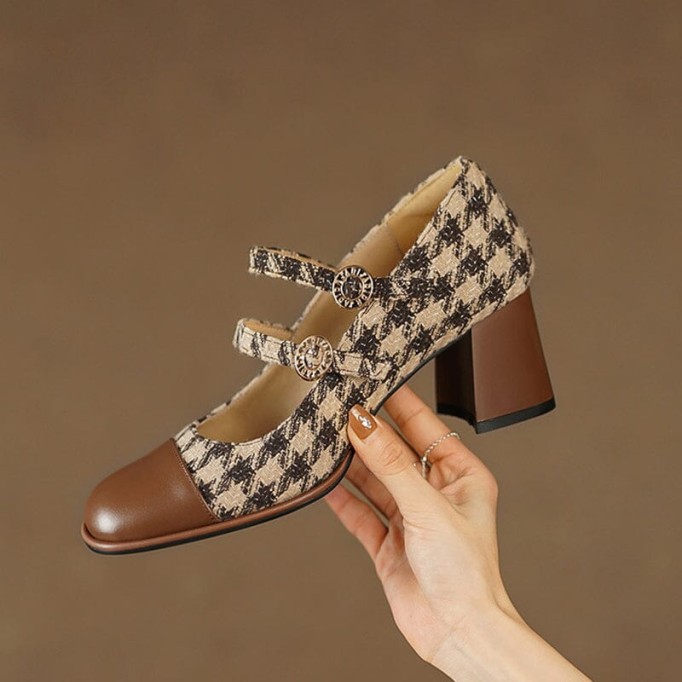 Leather Mary Jane Pumps Double Strap Block Heel Office Shoes