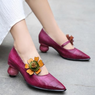 Handmade Genuine Leather Retro Pointed Toe Heels Pumps Women Shoes Block Heels Slip On Office Shoes