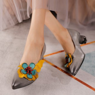 Handmade Genuine Leather Retro Pointed Toe Heels Pumps Women Shoes Block Heels Slip On Office Shoes