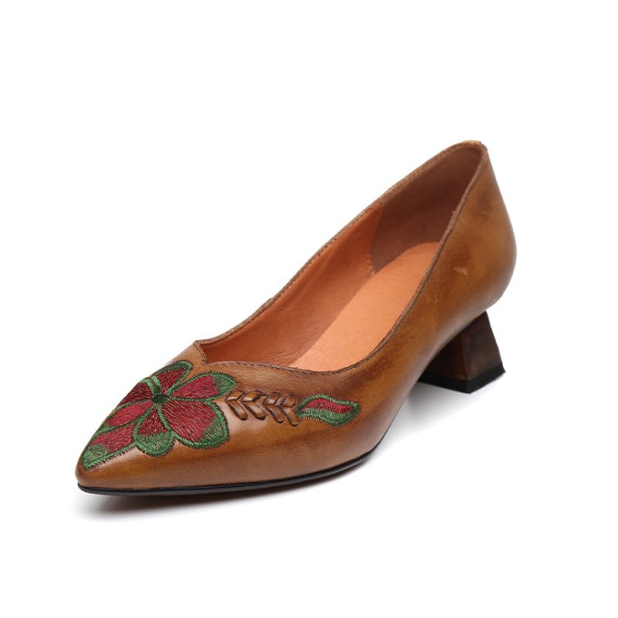 Handmade Genuine Leather Embroidered Retro Pointed Toe Heels Red Pumps Women Shoes Block Heels Slip On Office Shoes Grey/Coffee